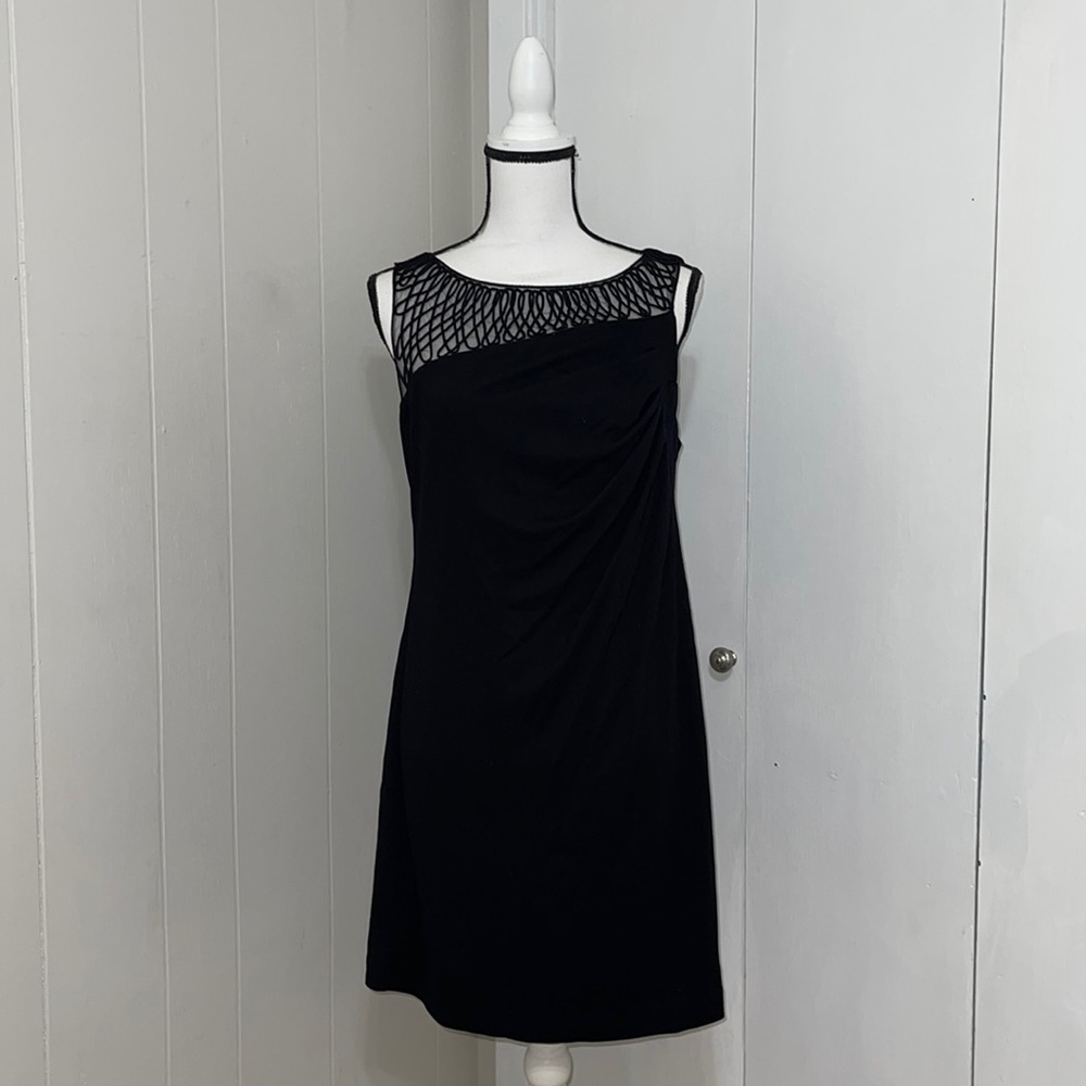 Suzi Chin for Maggy Boutique Little Black sleeveless RUCHED Side Weave neckline